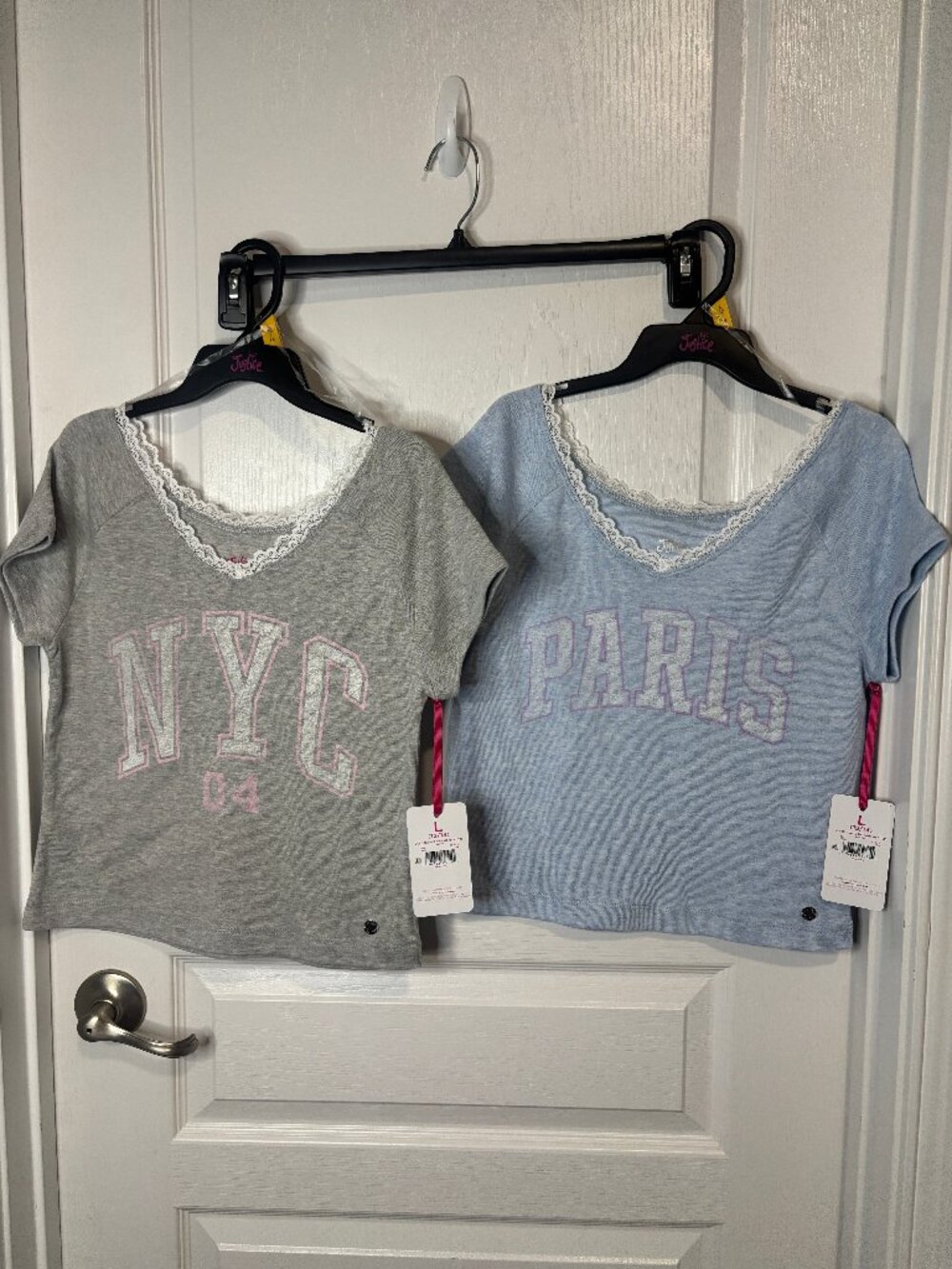 2 Justice Lace Trim T-Shirt V-Neck Graphic Tee Paris & NYC Size L (12-14) NEW